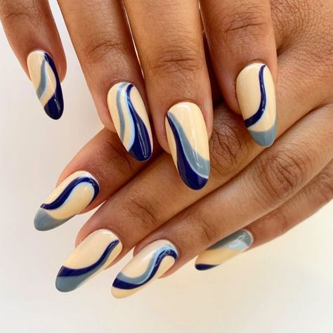 Blue Nail Extensions, Wavy Nail Designs, Nail Extensions Ideas, Navy Blue Nail Polish, Navy Blue Nail Designs, Fresh Nails, Nail Extensions Acrylic, Navy Nails, Navy Blue Nails