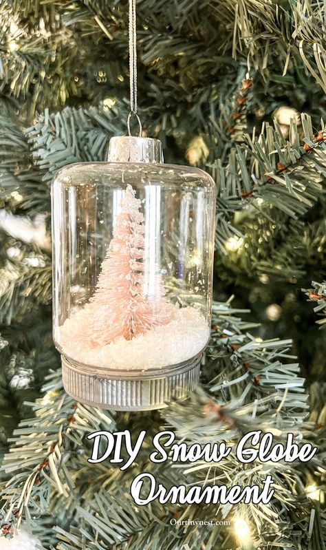 DIY snowglobe ornament with bottle brush trees Diy Snowglobe Ornament, Strawberry Cheesecake Trifle Recipe, Strawberry Cheesecake Trifle, Diy Snowglobe, Snowglobe Ornament, Cheesecake Trifle, Yarns Ornaments, Diy Snow Globe, Diy Christmas Ornaments Easy