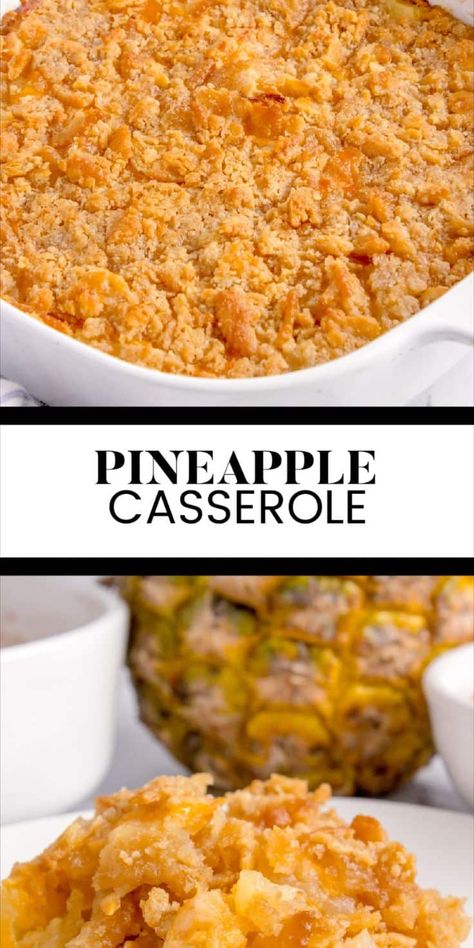 Pineapple Casserole This classic Southern Pineapple Casserole is the perfect mix of sweet and savory, with an irresistibly buttery topping that's totally addicting. Often served with baked ham during the holidays, this family-favorite side dish is a must-have at gatherings. Southern Potluck, Pineapple Casserole Recipe, Pineapple Casserole, Simply Stacie, Cheesy Casserole, Pineapple Recipes, Fruity Desserts, Baked Pork Chops, Baked Ham