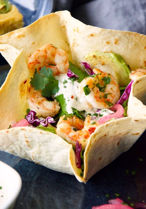 Shrimp Taco Bowls Healthy, Shrimp Taco Salad Bowl, Taco Bowl Salad, Taco Bowl Shell, Taco Salad Shells Tortilla Bowls, Taco Shell Bowls, Shrimp Taco Bowl, Spicy Shrimp Taco, Slaw For Shrimp Tacos