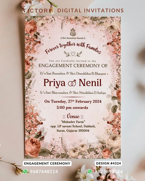 Announce your engagement with Victory's stylish invitations! 💍 Let us help you share the news with a beautifully crafted invitation that captures the tradition of your special moment. ✨💌 Order Now: Call / WhatsApp: +91 9687648114 / +91 9825891526 Engagement ceremony invitation card in english language with flowers, leaves as floral theme design 4324 The floral Theme of Engagement ceremony digital invitation card in pastel orange background color. This e-invite is available in English lang... English Wedding Invitation Card, Engagement Invitation Message, Engagement Ceremony Invitation Card, Pastel Orange Background, Engagement Invitation Card Design, Engagement Invitation Card, Ceremony Invitation Card, Engagement Stage, Digital Invitation Card