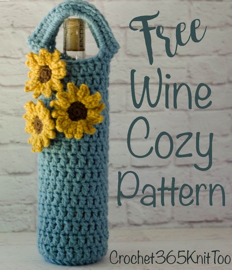 Wine Bag Pattern, Wine Cozy, Crochet Wine, Crochet Water Bottle Holder, Crochet Puff Flower, Cozy Pattern, Crochet Shell Stitch, Cozy Crochet Patterns, Crochet Cozy