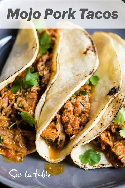 Easy weeknight dinner recipe idea: Mojo Pork Tacos, made in the pressure cooker. Mojo Pork Tacos, Leftover Mojo Pork Recipes, Pork Tacos Recipes, Steak Taco Recipe, Cuban Pork, Mojo Pork, Weekly Dinner, Steak Tacos, Bean Tacos