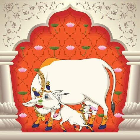 Cow Calf Wallpaper, Pichwai Paintings Cow And Calf, Pichwai Cow And Calf, Cow And Calf Painting, Kamadhenu Cow, Cow Mural, Calf Painting, Cow With Calf, Pooja Decoration Ideas