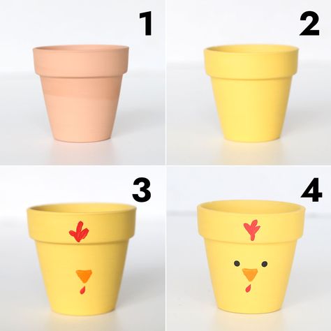 Steps to paint a chick flower pot Chicken Flower Pot, Cute Flower Pot Painting Ideas Easy, Painted Flower Pots Easy, Terracotta Pots Painted Diy Ideas, Flower Pot Painting Ideas Simple, Cute Flower Pot Painting Ideas, Easy Flower Pot Painting Ideas, Cute Painted Pots, Aesthetic Flower Pot