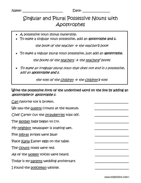 Singular and Plural Possessive Nouns with Apostrophes Worksheets Possessive Apostrophes Worksheets, Possessive Nouns Worksheet, Possessive Apostrophe, Singular Possessive Nouns, Plural Possessive Nouns, Plural Nouns Worksheet, Irregular Plural Nouns, Sentence Fragments, Singular And Plural Nouns