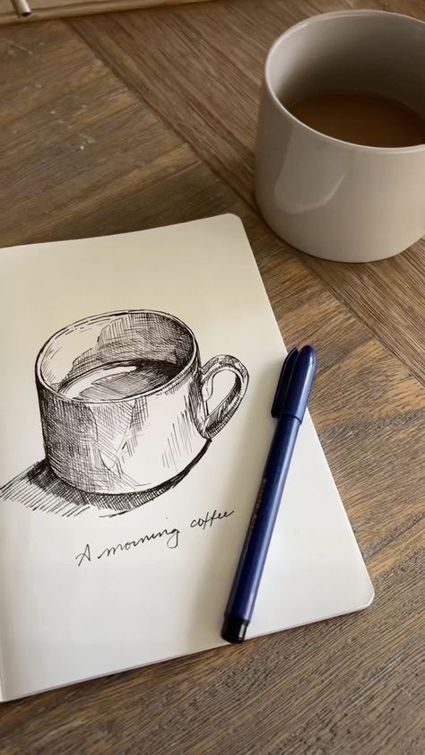 Sketchbook Pencil Drawings, Coffee Cup Sketch, Coffee Drawings, Coffee Draw, Coffee Sketch, Drawing Ideas Creative, Drawing Coffee, Doodle Sketchbook, Sketchbook Artist