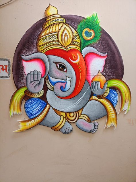 Ganpati Abstract Art, Rangoli Design Ganpati, Wall Design Painted Art, Ganeshji Rangoli Designs, Ganeshji Rangoli, Easy Ganesha Painting, Matli Decoration, Ganpati Rangoli Designs, Ganesh Poster