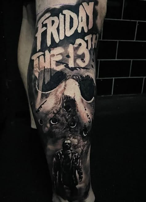 Horror Movies Tattoos, Horror Realism Tattoo, Jason Tattoo Design, Jason Tattoo Friday The 13th, Jason Voorhees Tattoo Designs, Horror Leg Sleeve Tattoo, Horror Tattoo Sleeve, Jason Vorhees Tattoo, Friday 13 Tattoo Ideas