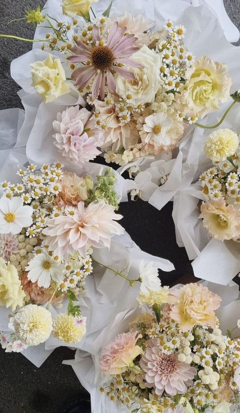 Subtle Color Wedding Flowers, Neutral With Pop Of Color Wedding, Muted Bridal Bouquet, Flowers At The Alter, Peaches And Cream Dahlia, Spring Wedding Floral Centerpieces, Whimsical Bridesmaid Bouquet, Spring Wedding Floral Arrangements, Whimsical Centerpiece Wedding