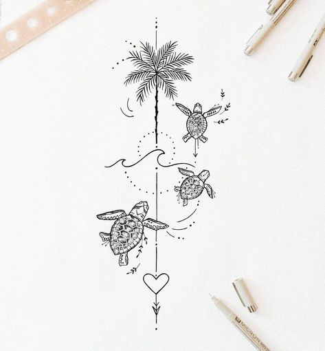 Tattoos Spine, Beach Tattoo Ideas, Turtle Tattoo Designs, Palm Tattoos, Muster Tattoos, Sand And Sea, Spine Tattoos For Women, Beach Tattoo, Tatuaje A Color