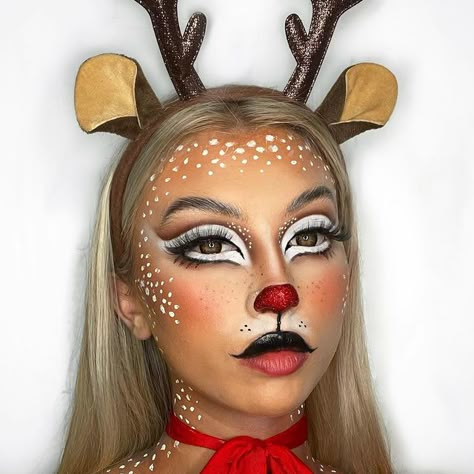 Rudolph Costume Diy, Rudolph Makeup Simple, Reindeer Makeup Look, Rudolph Makeup Reindeer, Winter Sfx Makeup, Diy Reindeer Costume Women, Christmas Character Makeup, Xmas Face Paint, Christmas Make Up Idea