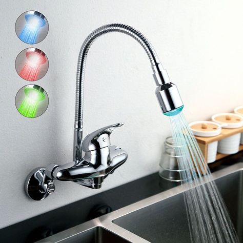 Shop for (In Stock)LED Kitchen Faucet Flexible Chrome Finish Single Handle Color Changing LED Wall Mount Kitchen Faucet at Homelava.com with the lowest price and top service! Tap Cleaner, Wall Mount Kitchen Faucet, Led Kitchen, Chrome Kitchen Faucet, Wall Mounted Taps, Bathroom Sink Taps, Wall Mount Sink, Wall Mounted Sink, Faucet Accessories