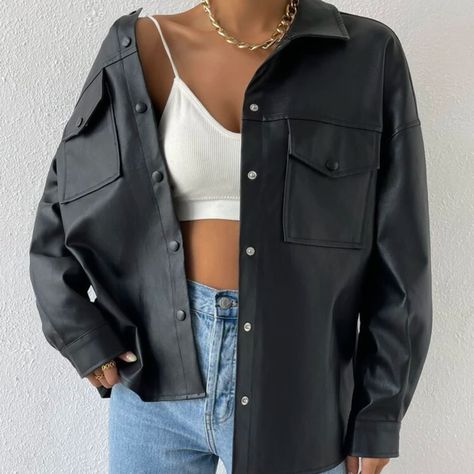 Brand New ! Motorcycle Jacket Women, Custom Made Clothing, Vintage Long Sleeve, Jacket Outfit, Pocket Jacket, Jacket Vintage, Long Blouse, Faux Leather Jackets, Black Faux Leather