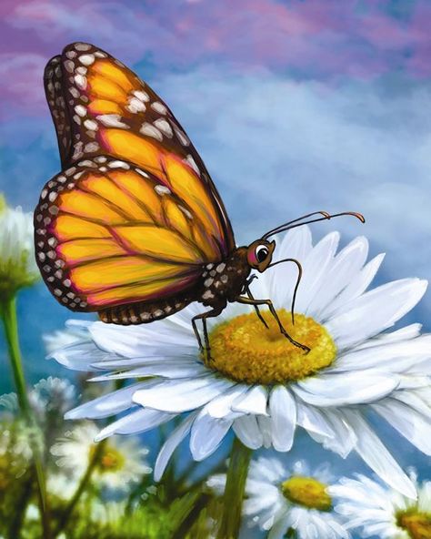 Butterfly On Flower Painting, Butterfly And Flower Painting, Painted Butterflies, Butterfly On Flower, Paintings Landscape, Butterfly Art Painting, Popular Diy, Beautiful Butterflies Art, Butterfly Illustration