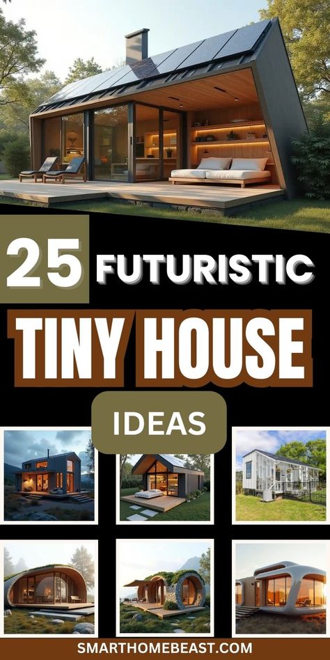 A collection of futuristic tiny house designs featuring sleek exteriors, multifunctional furniture, space-efficient interiors, and eco-friendly materials. Furniture For Tiny Spaces, Cool Tiny House Ideas, Tiny Modern House Design, Unique Tiny Homes, Small Glass House Design, Tiny Home Designs Interiors, Tiny House Ideas Interior, Tiny Japanese House, Unique Tiny Houses