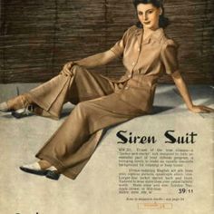 Siren suits were like pajamas that people could wear to sleep during WWII. In case of anything like siren raids at night, they could just jump out of bed and be ready. 1940's Dresses, 1940s Patterns, Vintage Wishlist, 40's Fashion, 1940s Women, 1940s Woman, Teddy Girl, Modern Suits, Fashion 1940s