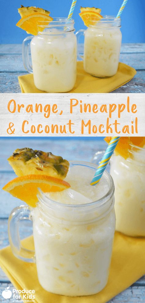 Transport yourself to a hammock on the beach with one sip of this tropical mocktail. Made with coconut milk, orange juice and pineapple juice, it’s a simple, no-sugar-added beverage for your next cookout or pool party that kids and adults will love. Make a batch to serve over crushed ice or blend into a delicious smoothie. #produceforkids #mocktail #tropicalmocktail #mocktailrecipes Coconut Mocktail, Hammock On The Beach, Coconut Milk Drink, Mocktail Drinks, Pineapple Drinks, Alcohol Free Drinks, Coconut Drinks, Drink Recipes Nonalcoholic, Refreshing Drinks Recipes