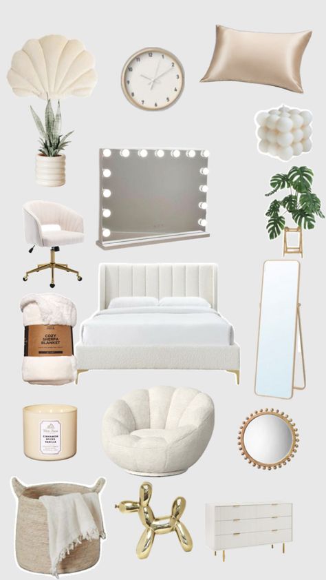 Room Ideas Gold And White, Ballet Aesthetic Bedroom, Vanilla Dorm Room Aesthetic, White Room Inspo Aesthetic, Room Ideas Vanilla Girl, Vanila Gril Room, White And Gold Bedroom Aesthetic, Gold And White Room, Room Inspo White