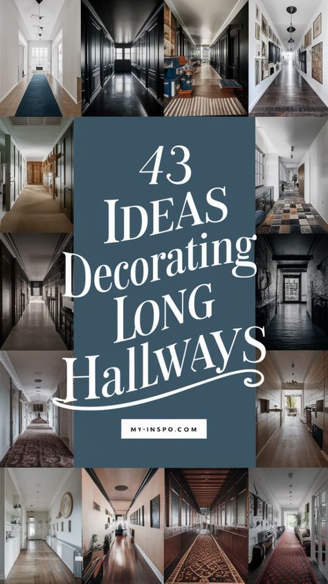 Looking for creative ways to decorate your long hallway? Explore these 43 brilliant ideas to transform your narrow or long hallways into stylish spaces. From unique rugs and wall art to lighting solutions and functional furniture, these design tips will help you make the most of your space! #longhallways #hallwaydecor #homedecorideas #interiordesign #hallwaymakeover #narrowspaces #designinspiration Decorating Long Hallway Ideas, Design Narrow Hallway, Entryway Ideas Long Hallway, Dark Wall End Of Hallway, End Of Long Hallway Ideas, Classy Hallway Decor, How To Make A Long Hallway Look Shorter, Entryway Ideas For Long Hallway, Accent Wall Long Hallway