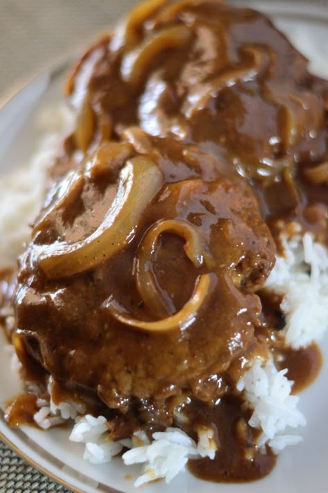 Hamburger Onions And Gravy, Salsberry Steak Gravy Recipe, Hamburger Steaks With Onion Gravy, April Meals, Rotisserie Recipes, Onion Gravy Recipe, Coop Can Cook, Salisbury Steaks, Hamburger Steak Recipes