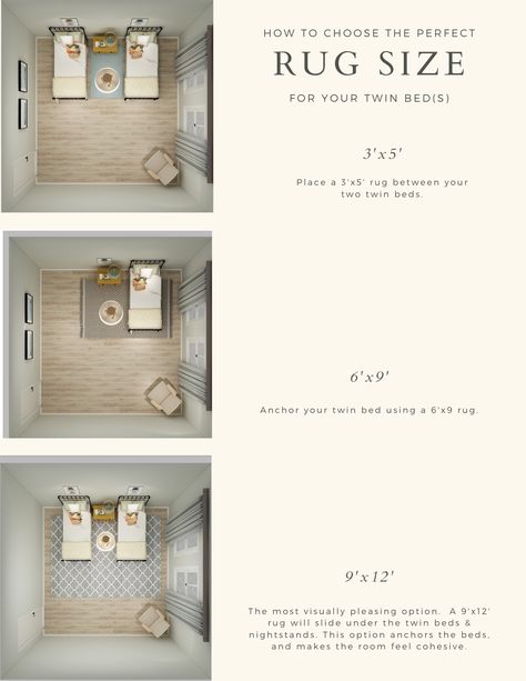 Selecting the perfect rug size for your twin bedroom can be challenging! This guide helps you pick the perfect rug size for your twin bedroom every time. #rugsizefortwins #rugplacementbedroom #rugsizeguide #rugsbedroom #ruginbedroom #ruglayoutbedroom Twin Rug Size, Twin Bed Rug Size, Two Twin Beds Rug Placement, Rug Size For Twin Bed, Rug Between Two Twin Beds, Twin Bed Adult Bedroom, Twin Bed Layout Ideas, Rug For Small Bedroom, Twin Bedroom Layout