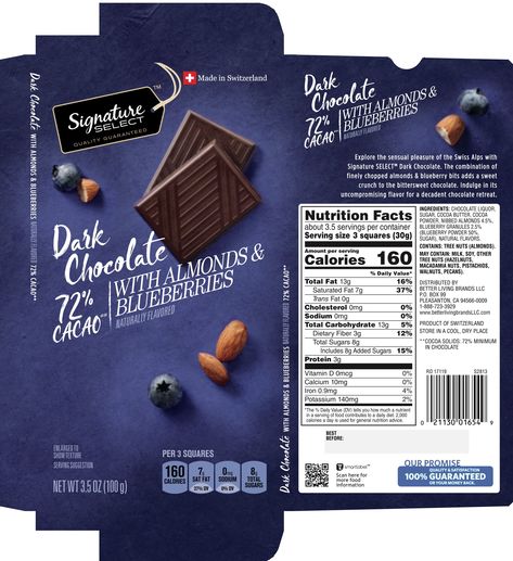 The added sugars line on the updated Nutrition Facts label shows that 3 squares of Signature Select Dark Chocolate with Almonds & Blueberries contains 15% of your daily value of added sugars. Image courtesy of Label Insight. Nutritional Facts Label Template, Funny Nutrition Facts Label, Chocolate With Almonds, Nutrition Facts Design, Dark Chocolate Brands, Chocolate Bar Brands, Blueberry Powder, Chocolate Logo, Bunny Cartoon