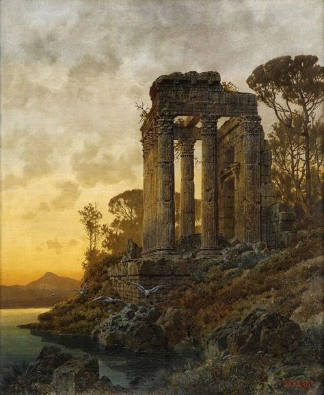 Roman Temple, Evening Landscape, Temple Ruins, Ancient Temple, Architecture Painting, Lake Landscape, Ancient Temples, A4 Poster, Ancient Ruins