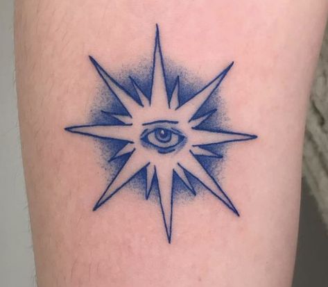 Star With Eye Tattoo, Unique 444 Tattoos, Star Tattoo Cover Up, Star Neck Tattoos, Maximalist Tattoo, Star Tattoos For Men, Indie Tattoo, Blue Tattoo, Spooky Tattoos