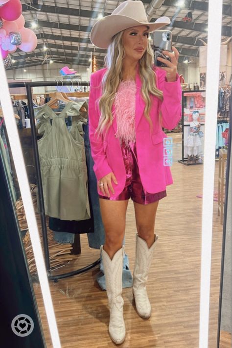 Pink Nfr Outfits, Pink Cowgirl Aesthetic Outfit, Cowgirl Barbie Outfit, Ariat Boots Outfit, Pink Cowboy Boots Outfit, Pink Cowgirl Outfit, Hot Pink Blazer Outfit, Pink Boots Outfit, Pink Cowgirl Aesthetic