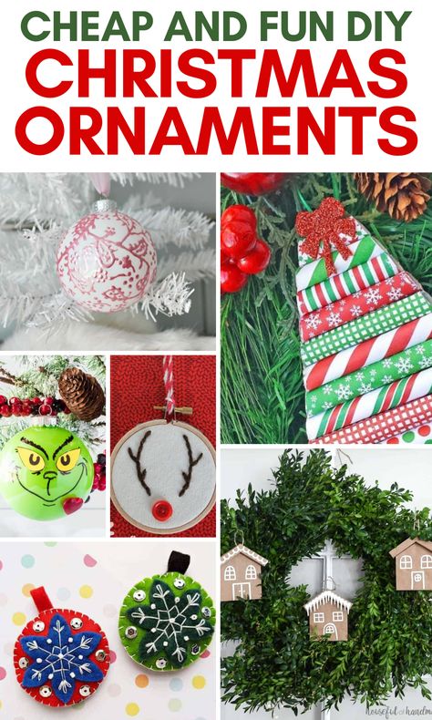 Collage of DIY Christmas ornaments for kids to make, homemade ornaments for adults, handmade ornaments to sell, for gifts, Cricut ornaments, rustic ornaments, and more. Diy Craft Christmas Ornaments, Diy Holiday Ornaments For Adults, Diy Ornaments For Adults, Cricut Christmas Ornaments Paper, Simple Homemade Ornaments, Fun Diy Ornaments, Funny Diy Ornaments Ideas, Dollar Store Christmas Ornaments Diy, Christmas Ornament Making Party