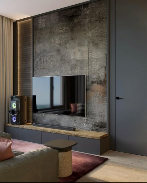 Industrial Tv Wall Interior Design, Tv Wall Industrial, Concrete Wall Tv Living Room, Grey Lounge Ideas, Tv Wall Design Cement Work, Wood Panel Tv Wall Grey, Wall Texture Ideas, Tv Wall Design Ideas, Studio In Casa