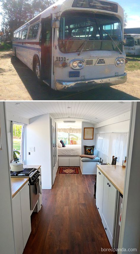 We Converted A 1966 Greyhound Commuter Bus Into A Cute Mobile Home Bus Remodel, Design Casa Piccola, School Bus Tiny House, School Bus Camper, School Bus House, Converted School Bus, Converted Bus, Bus Living, Kombi Home