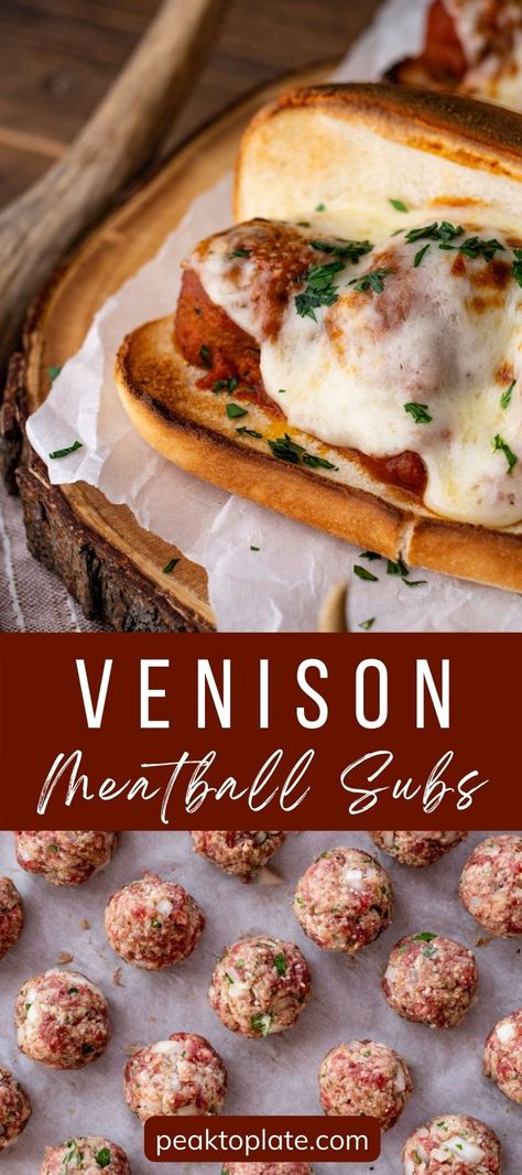 Venison meatball subs are the perfect weeknight wild game dinner that the whole family will love! Tender venison meatballs simmered in savory marinara sauce, topped with melted provolone cheese on a toasted hoagie roll, every bite is delicious! Venison Meatballs Recipes, Venison Meal Ideas, Deer Recipes Ground, Venison Dinner Ideas, Wild Game Recipes Deer, Venison Queso Dip, Healthy Venison Recipes, Venison Appetizers, Ground Deer Meat Recipes