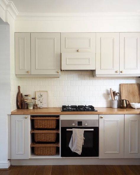 Skimming Stone Kitchen, Wood Worktop Kitchen, Farrow And Ball Kitchen, Off White Kitchen Cabinets, Repainting Kitchen Cabinets, Cream Kitchen Cabinets, Wimborne White, Skimming Stone, Forever In Love