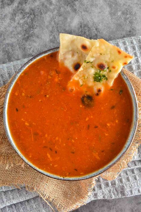 Tomato Soup Recipe Indian, Healthy Fakeaway, Butter Lentils, Vegetarian Masala, Indian Tomato Soup, Vegan Dal, Orthodox Fasting, Shorba Recipe, Quick Tomato Soup