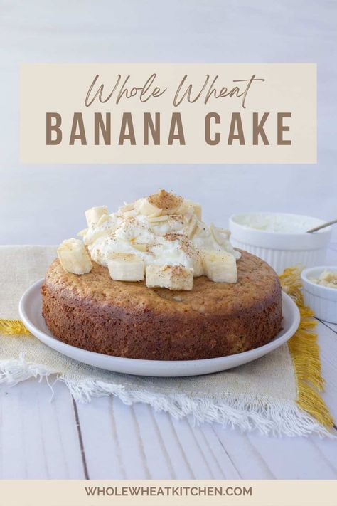 Looking for a healthier cake option that doesn't sacrifice flavor? This delicious recipe features soft white wheat (whole wheat pastry flour), creamy yogurt, heart-healthy olive oil, eggs and ripe bananas, resulting in a moist and flavorful cake that is perfect for any occasion. Whether you're looking for a guilt-free dessert, or a smash cake this easy recipe is sure to satisfy. Give it a try and enjoy a delicious dessert option. Cake With Yogurt, Yogurt Eggs, Wheat Flour Recipes, Banana Cake Recipe Easy, Fluffy Cake, Creamy Yogurt, Healthy Cake Recipes, Light Cakes, Guilt Free Dessert