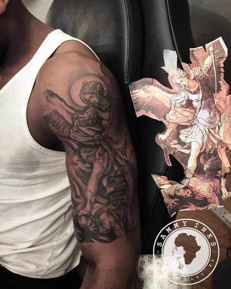 Angel Vs Demon Tattoo, Arm Tats, Tattoos Arm, Men Tattoos Arm Sleeve, Demon Tattoo, Men Tattoos, Angel Tattoo, Archangel Michael, Angels And Demons