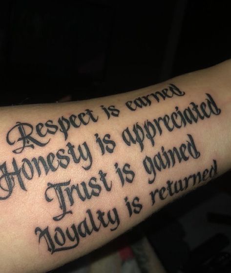 Integrity Tattoo Ideas, May Your Neighbors Respect You Tattoo, Loyalty Chest Tattoo, Loyalty Over Love Tattoo For Men, Loyalty Over Money Tattoo, Trust Loyalty Respect Tattoo, Love Loyalty Out Values Everything Tattoo, Peace Love Loyalty Respect Tattoo, Loyalty Out Values Everything Tattoo