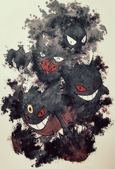 Pokemon Trio, Mega Gengar, Cartoon Paintings, Ghost Type Pokemon, Ghost Family, Gengar Pokemon, Ghost Pokemon, Cool Pokemon Wallpapers, Ghost Type