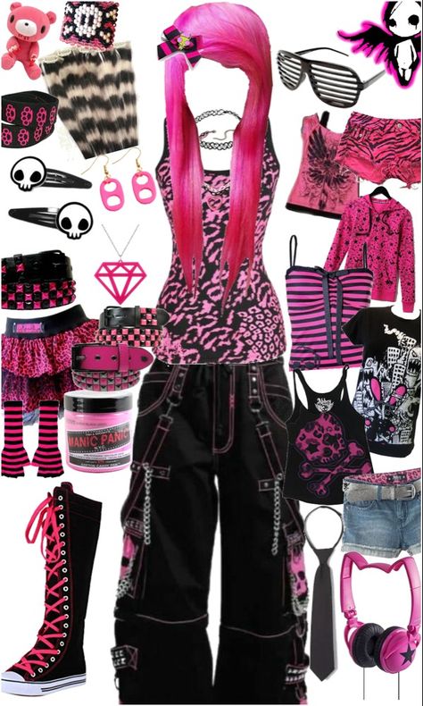 Pink Scene Aesthetic Outfit, Hot Pink Emo Outfit, Pretty Emo Outfits, Lots Of Accessories Outfit, Ruby Gloom Inspired Outfits, Emo Pink Outfit, Scene Pink Outfit, Scene Girl Outfits 2000s, Scene Mcbling Outfits