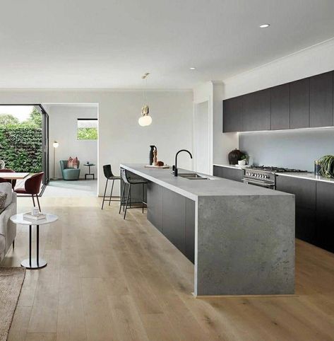 Contemporary Kitchen Design Open Concept, Grey Kitchen With Island, Grey Modern Kitchen, Modern Countertops, Caesarstone Kitchen, Contemporary Kitchen Island, Ultra Modern Kitchen, Countertops Concrete, Concrete Countertops Outdoor