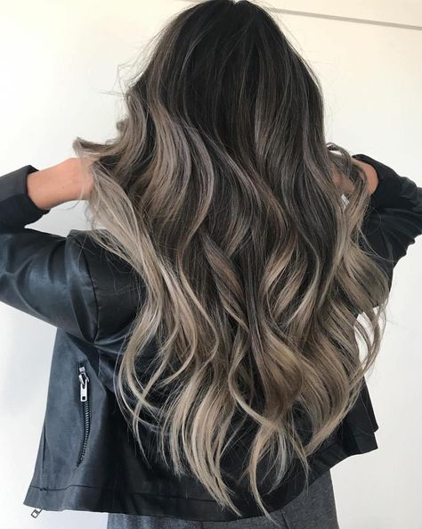 Dark Hair with Ash Blonde and Gray Highlights Long Hair Color, Brown Hair Balayage, Trendy Hair Color, Brown Blonde Hair, Long Wavy Hair, Hair Color Balayage, Hair Inspiration Color, Hair Color Dark, Hair Inspo Color