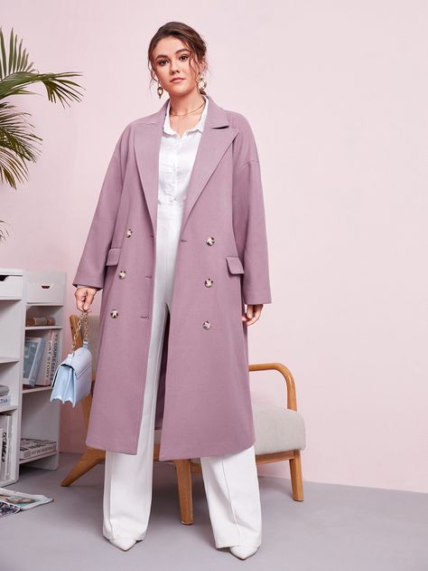 Mauve Purple Elegant  Long Sleeve Wool-Like Fabric Plain Regular  Non-Stretch Fall/Winter Plus Size Outerwears Winter Plus Size, Mauve Purple, Flap Pocket, Drop Shoulder, Double Breasted, Duster Coat, Trench Coat, Fall Winter, Plus Size