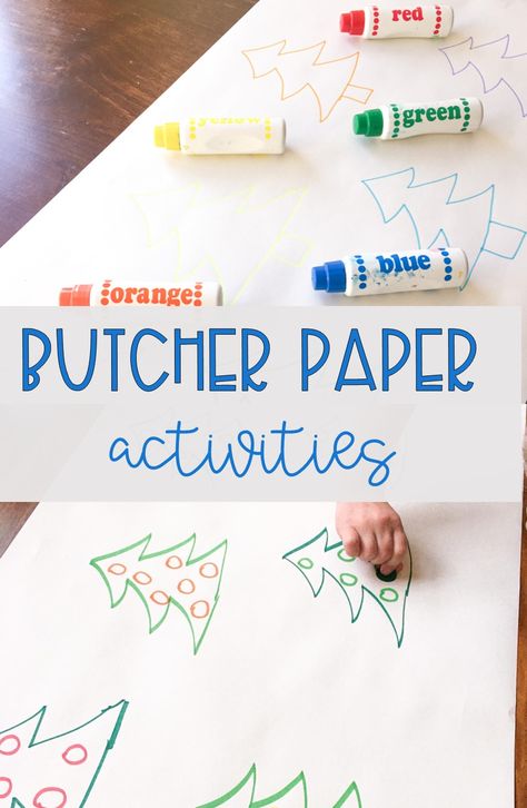 Color matching butcher paper activity!  Perfect for your preschool or kindergarten class!  Draw colored trees and let your kiddos match them with dot markers or dot stickers! Christmas Table Activities For Preschool, Butcher Paper Activities Preschool Christmas, Winter Butcher Paper Activities, Christmas Butcher Paper Activities, Butcher Paper Ideas Preschool, Butcher Paper Activities Kindergarten, Preschool Butcher Paper Activities, Gingerbread Fine Motor, Preschool Christmas Fine Motor