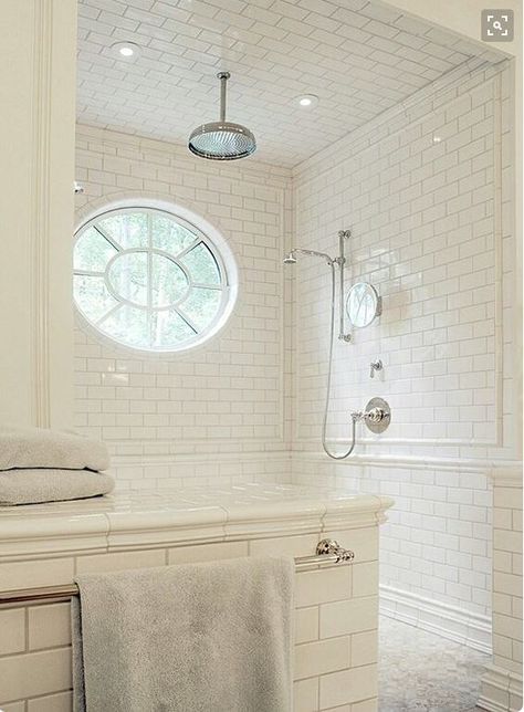 White Subway Tile Bathroom, Guest Bathroom Design, Half Bathroom Decor, Small Shower Remodel, Subway Tile Showers, Subway Tiles Bathroom, Open Showers, Shower Area, Window In Shower