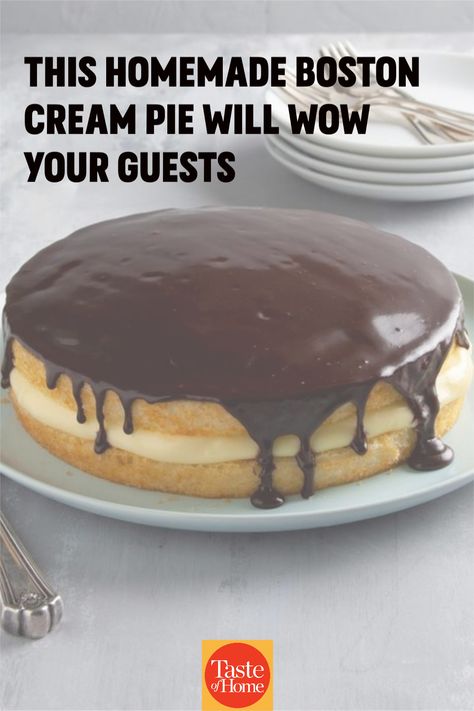 This elegant-looking Boston cream pie is so easy to prepare. Our dinner guests always seem to enjoy it. —Jane Uphoff, Cunningham, Kansas Boston Cream Pie Desserts, Homemade Boston Cream Pie, Boston Cream Pie Cake Easy, Mini Boston Cream Pie, Authentic Boston Cream Pie, Boston Cream Pie Birthday Cake, Easy Boston Cream Pie, Boston Cream Pie Poke Cake, Best Boston Cream Pie In Boston