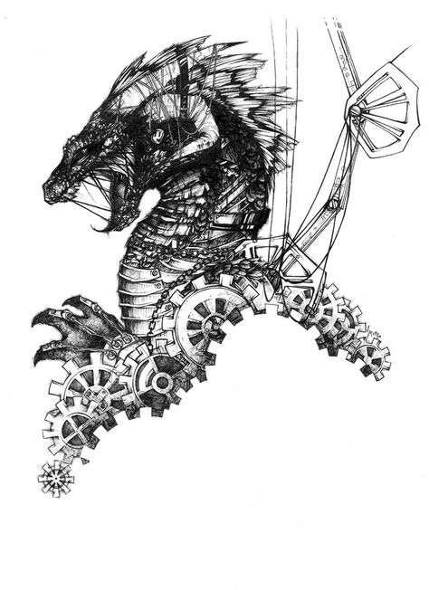 Mechanical Dragon Tattoo, Steampunk Dragon Tattoo, Fantasy Transport, Clockwork Dragon, Machine Dragon, Clockwork Tattoo, Mechanical Dragon, Mechanical Tattoo, Dragon Sketches