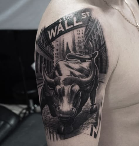 Wall Street Bull Tattoo, Bull Market Tattoo, Bull In A China Shop Tattoo, Bull Bear Tattoo, Wall Street Tattoo Ideas, Forex Tattoo Ideas, Stock Market Tattoo, Forex Tattoo, Wolf Of Wall Street Tattoo