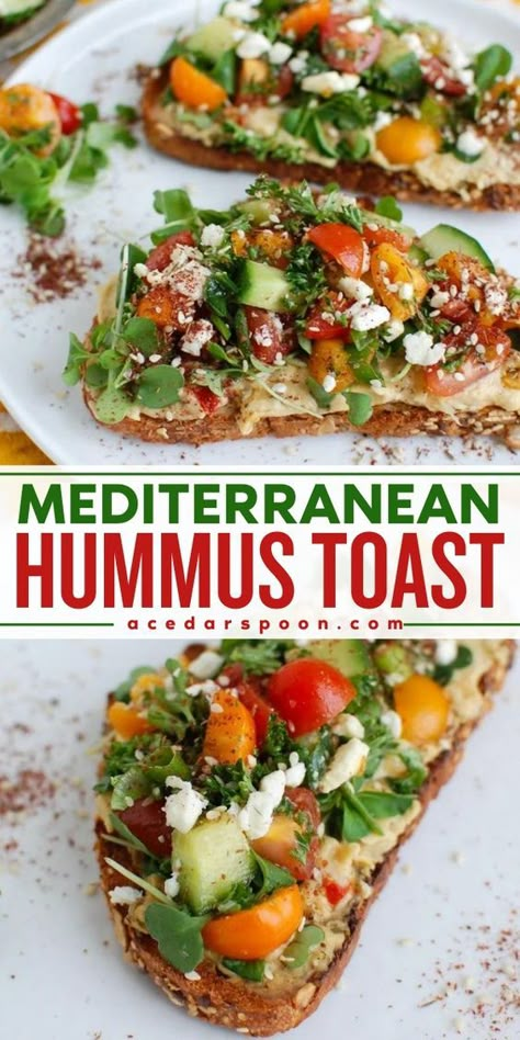 Start the day with this Mediterranean breakfast toast! Complete with vegetables, herbs, feta, and za'atar, this healthy breakfast recipe is so tasty. You'll also want this breakfast toast as an easy healthy snack! Mediterranean Hummus, Hummus Toast, Mediterranean Recipes Healthy, Mediterranean Breakfast, Easy Healthy Snack, Mediterranean Diet Recipes Dinners, Healthy Breakfast Recipe, Easy Mediterranean Diet, Mediterranean Diet Meal Plan